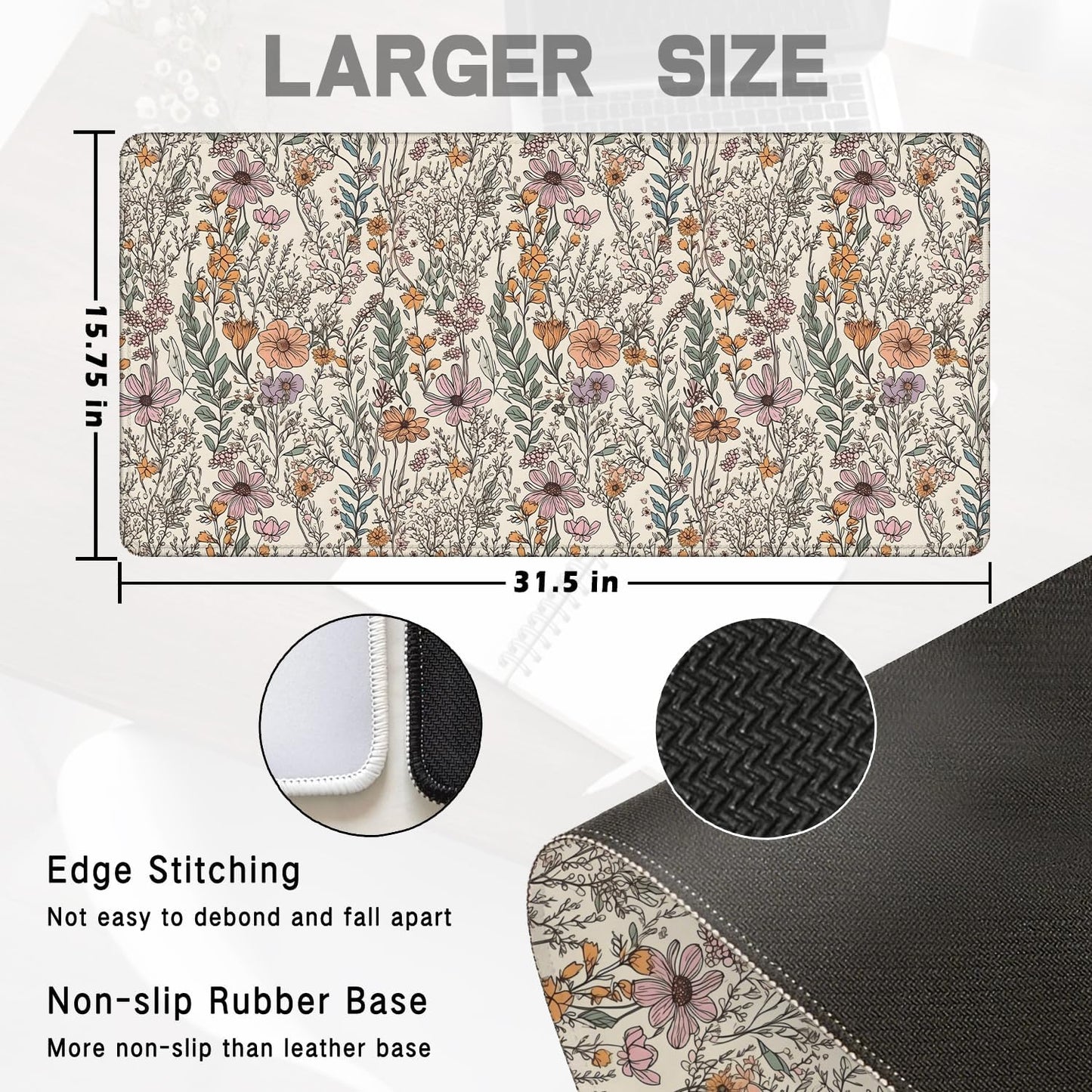 Vintage Rustic Wildflower Floral Large Mouse Pad 31.5x15.7inch, Retro Cottagecore Botanical Flower Large Extended Computer Desk Mat Mousepad for Keyboard and Mouse, Floral Desk Accessories