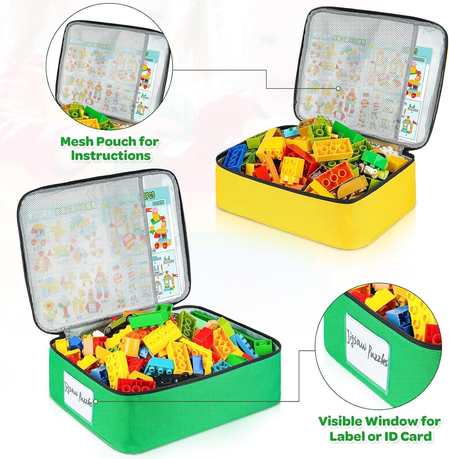 5 Packs Toy Storage Bags Compatible with Lego Bricks,Large Travel Toy Organizers for Kids Building Blocks,Toy Car,Puzzles with Mesh Pocket and Tag Pocket