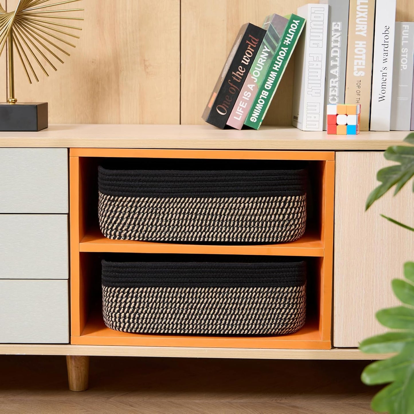 Large Shallow Organizing Baskets 15x11x5.1 Inches - Rope Woven Storage Bins for Bathroom, Shelves, Cube Closet, Black Woven Brown 4 Packs