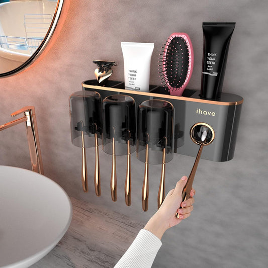 iHave Toothbrush Holders Bathroom Accessories with Toothpaste Dispenser, 3 Cups Toothbrush Holder Wall Mounted Bathroom Decor