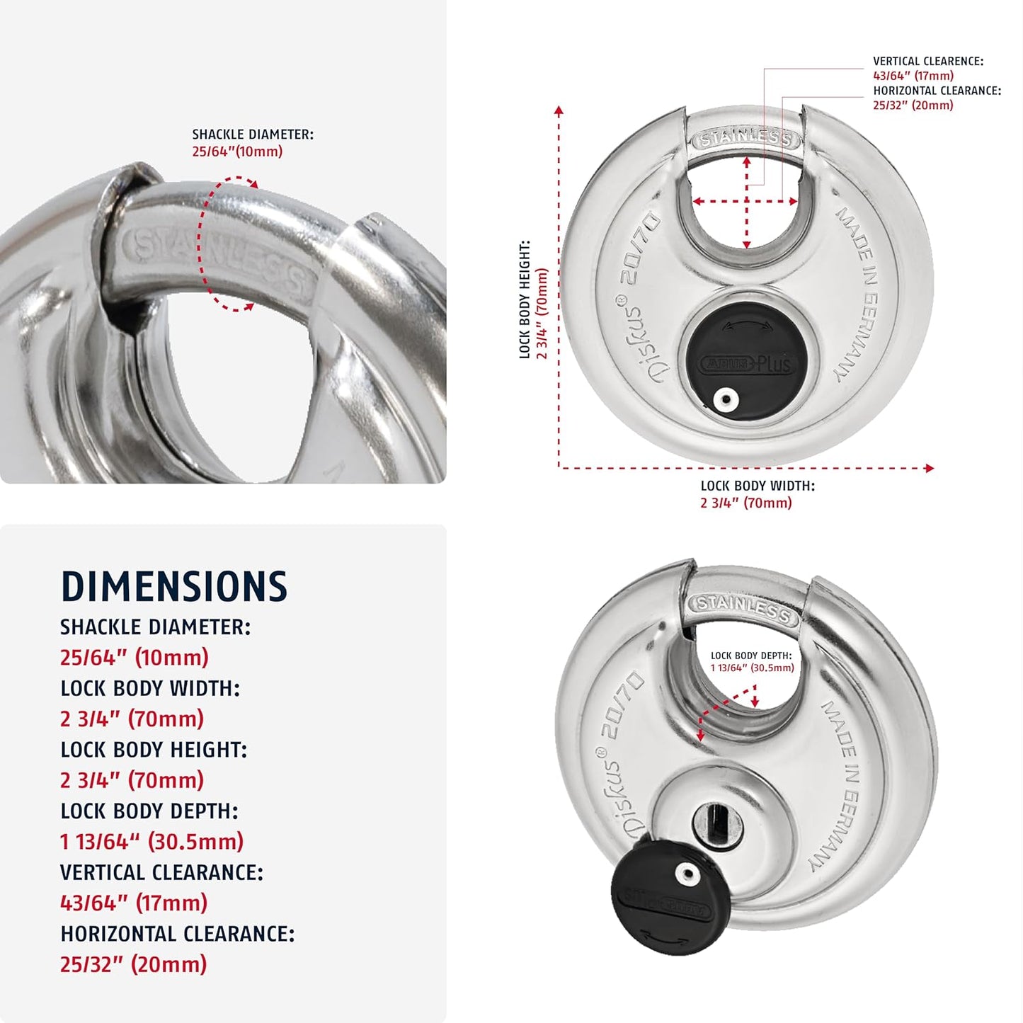 ABUS 20/70 2 Pack Heavy Duty Diskus Storage Padlock with 2 Keys for Storage, Outdoor, Commercial, 2.75in (70mm) Wide, Keyed Different