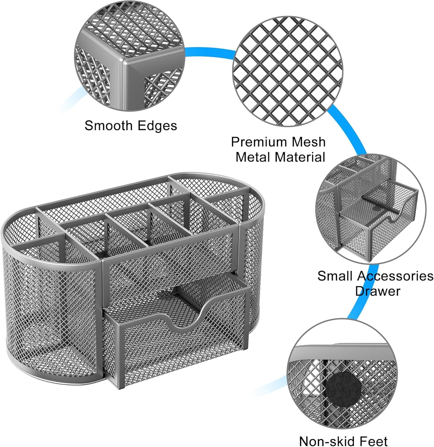 EasyPAG Mesh Pen Holder Desk Organizer with Drawer Stationery Supplies Organizer for Dorm School 9 Compartments Workspace Desk Accessories Organization for Office, Silver