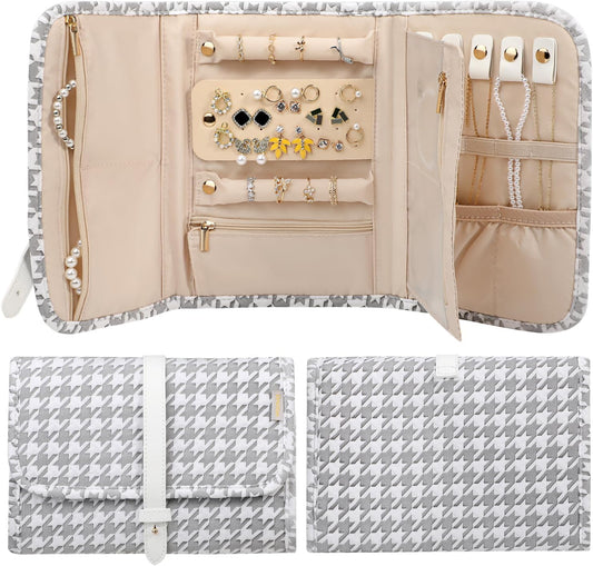 Voova Travel Jewelry Holder Organizer Case, Large Jewelry Storage Bag for Women Girls, Foldable Traveling Jewellery Pouch Roll for Necklaces Rings Earrings Bracelets, Grey+White