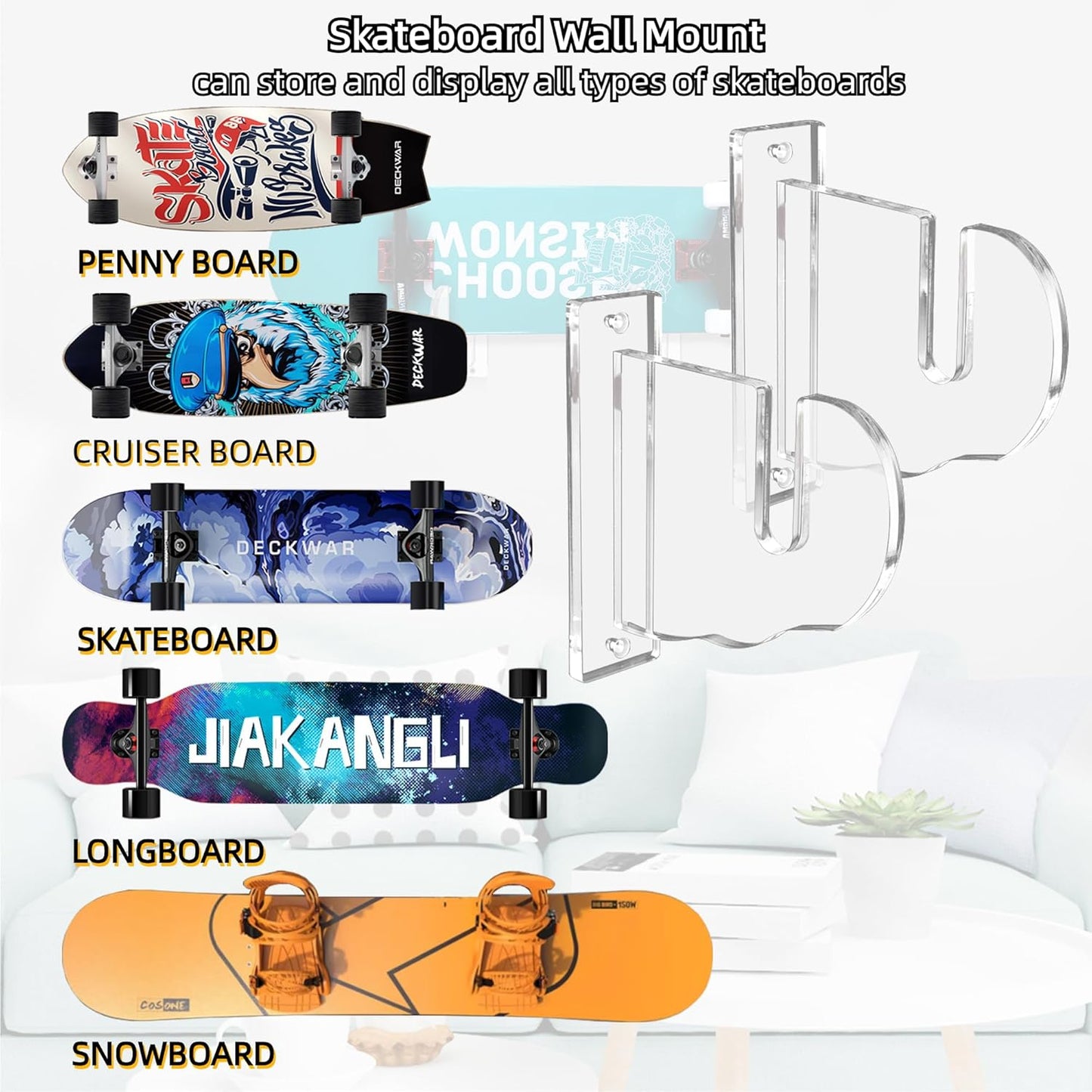 BiJun Skateboard Wall Mount, Snowboard Wall Mount Display, Acrylic Horizontal Skateboards Rack, Skateboard Storage Hanger (Transparent)