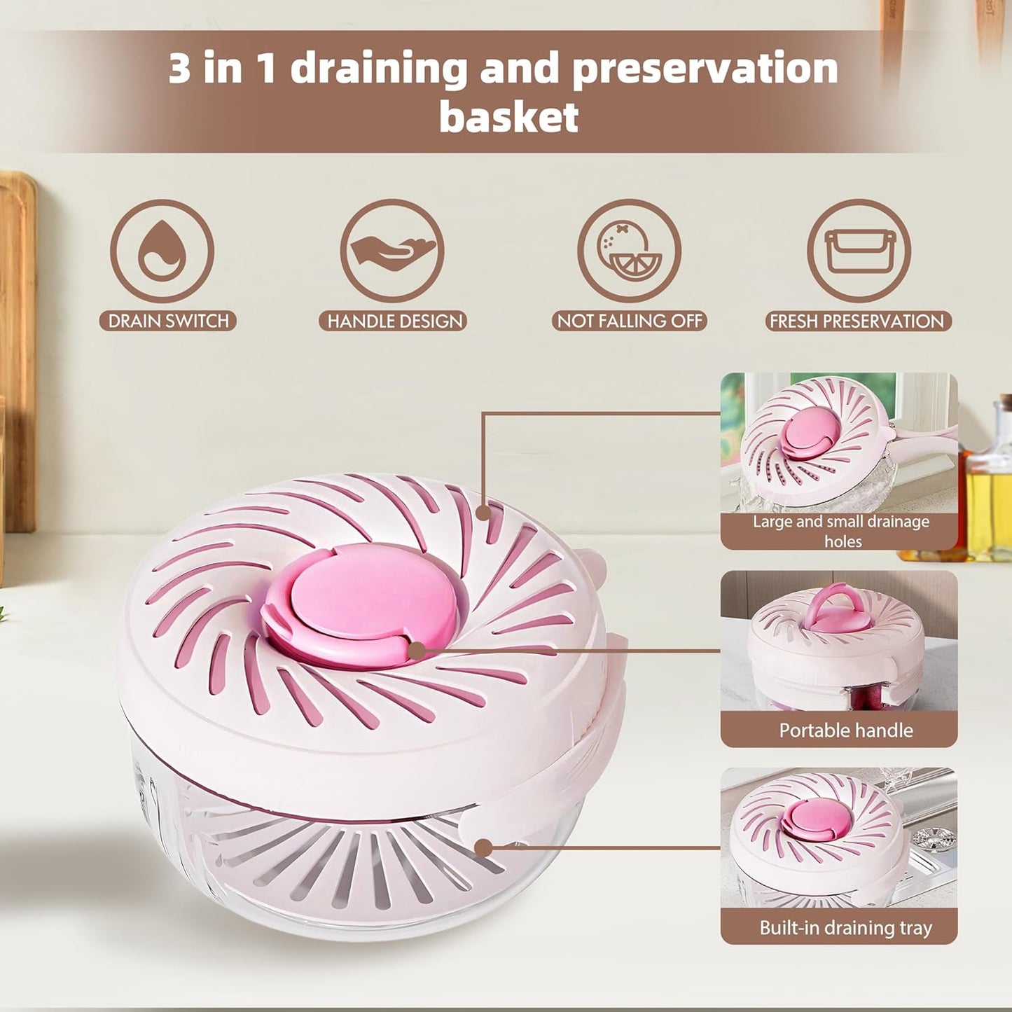 2025 New Upgrade Fruit Washing Bowl with Strainer,3 in 1 Multipurpose Drain Basket with Lid & Ice Box,Foldable Handle Fruit Strainer,1QT(1L)Fruit Washer Perfect for Fridge Storage and Outdoor Picnics