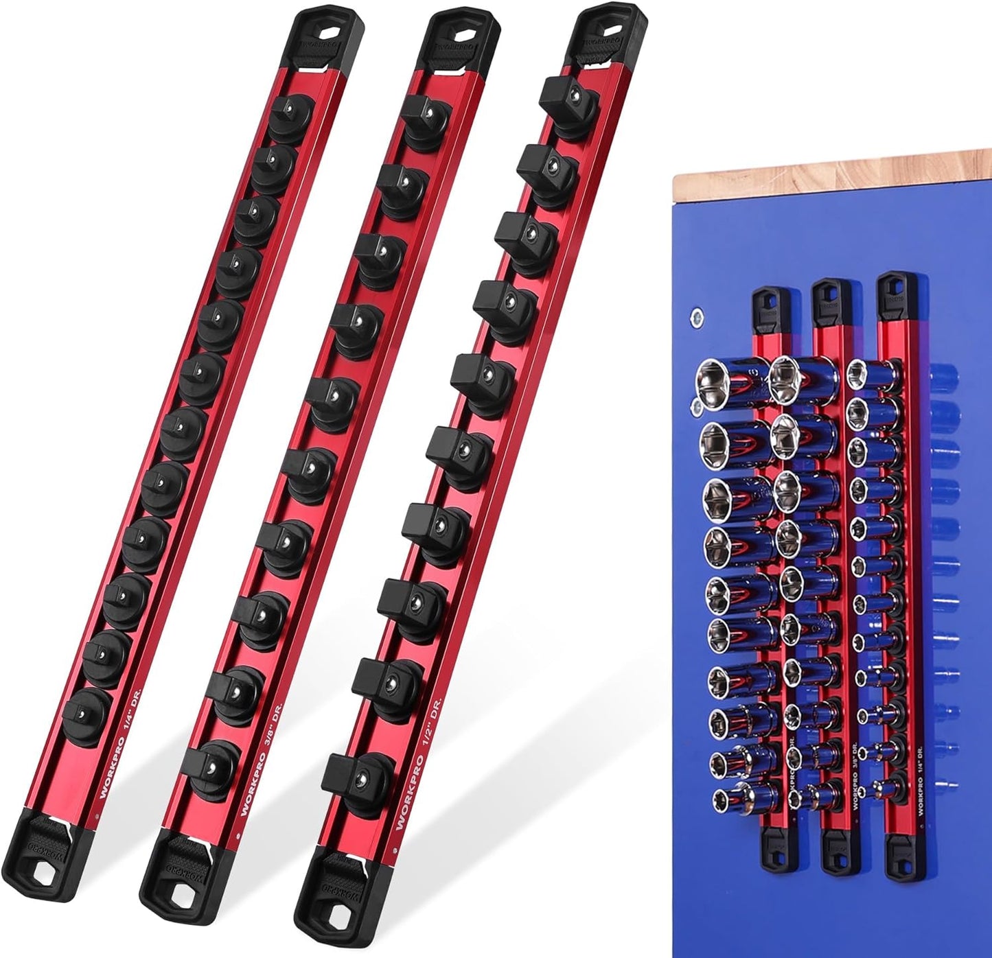 WORKPRO Magnetic Socket Organizer Set, 1/2" 3/8" 1/4" Drive Aluminum Alloy Socket Holder, 3PC Socket Rail with Removable Socket Clips, Socket Organizer Tray for Tool Box Drawer (Sockets Not Included)