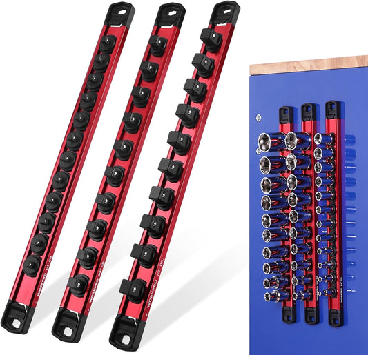 WORKPRO Magnetic Socket Organizer Set, 1/2" 3/8" 1/4" Drive Aluminum Alloy Socket Holder, 3PC Socket Rail with Removable Socket Clips, Socket Organizer Tray for Tool Box Drawer (Sockets Not Included)