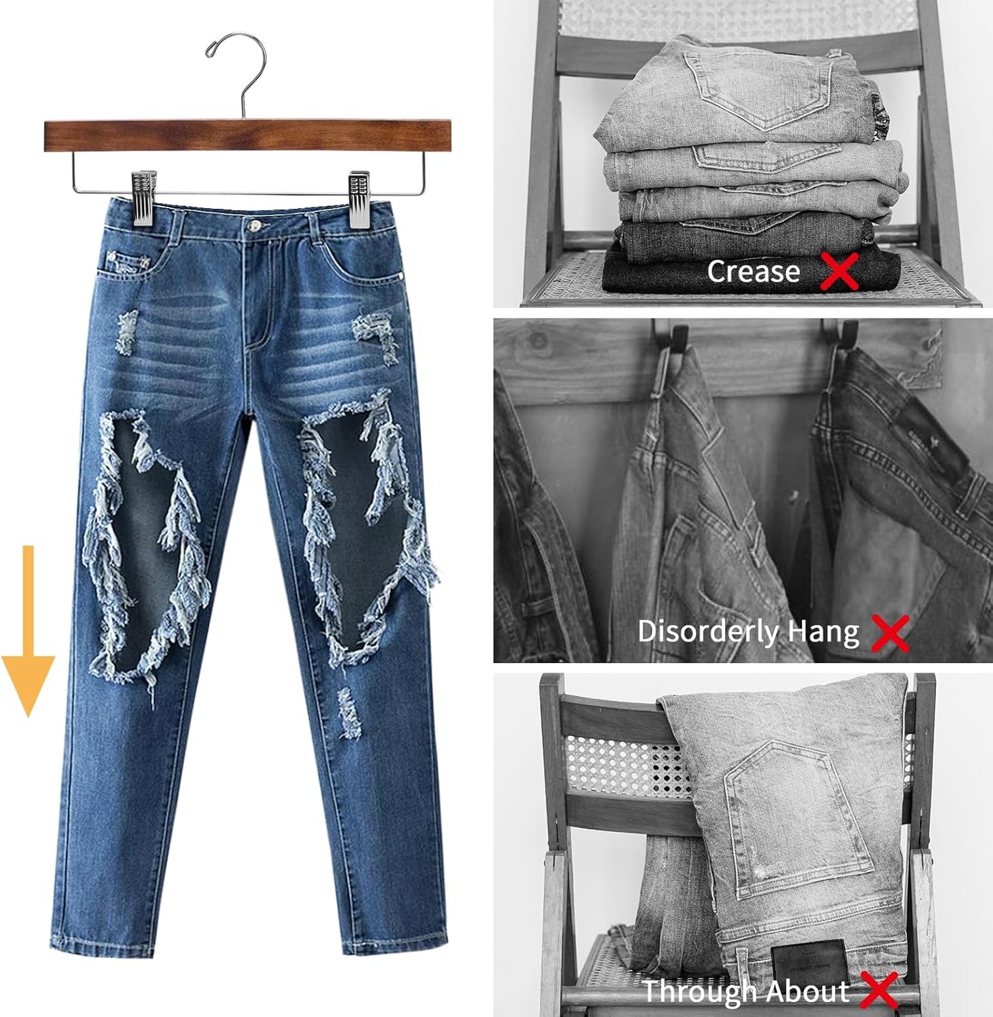 Nature Smile Deluxe Wooden Pants Hangers,Solid Lotus Wood Jeans Skirt Hanger with Clips Anti-Rust Hook Pack of 28（Retro）