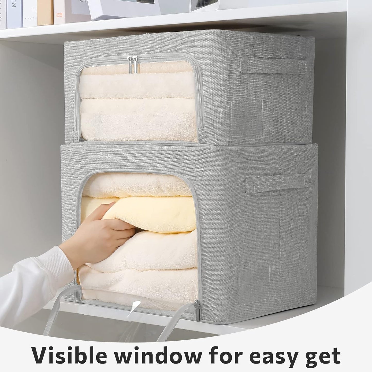 FHSQX 2 Pack Clothes Storage Bins Stackable Metal Frame Storage Box Foldable Linen Fabric Organizer with Carrying Handles and Clear Window (Light Gray, 15.7x 11.8x 7.8Inch)
