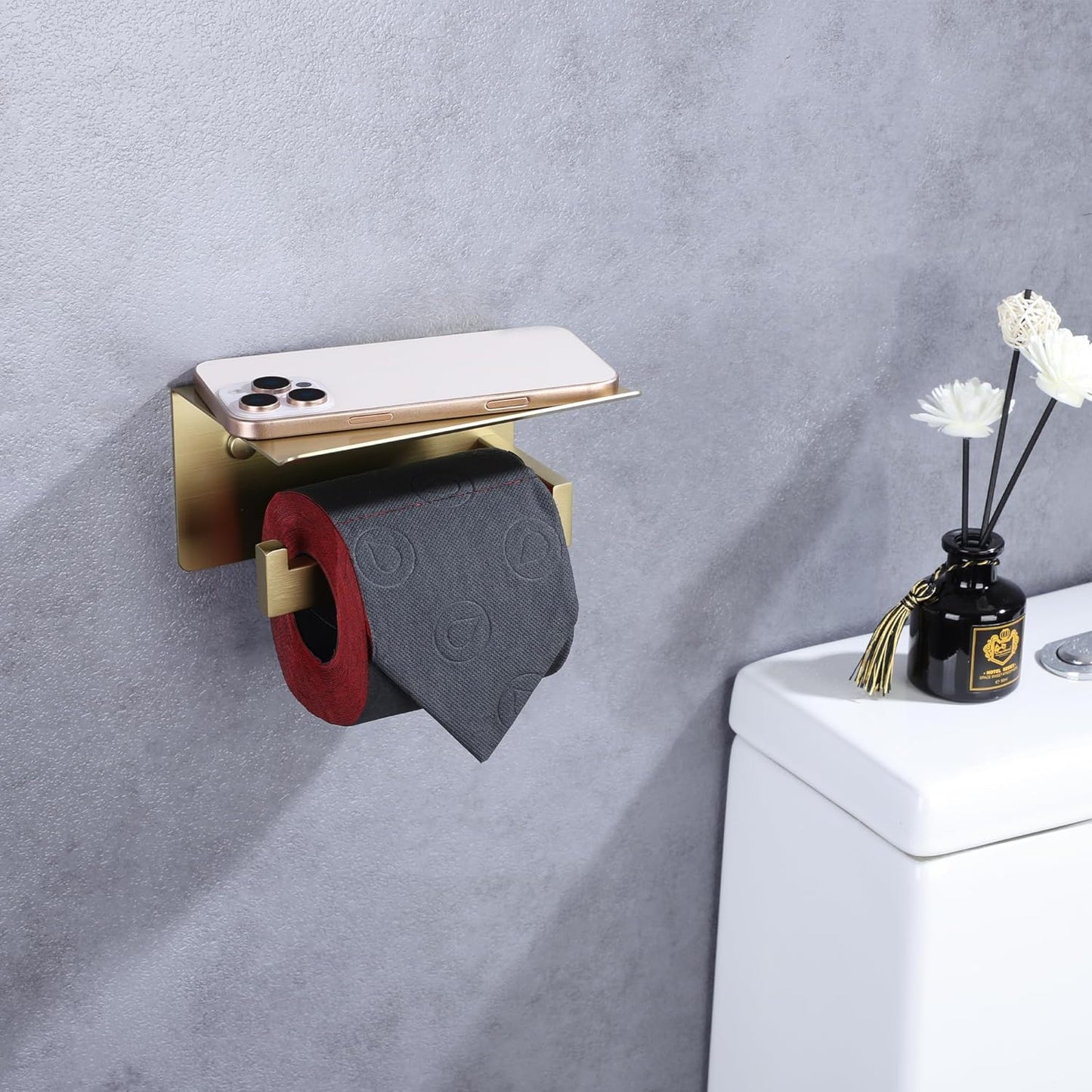 LANC Gold Toilet Paper Holder with Shelf Toilet Tissue Roll Holder with Phone Shelf for Bathroom Wall Mounted or Self-Adhesive Toilet Paper Roll Holder Stainless Steel, Left Rod, A8367BG-LF