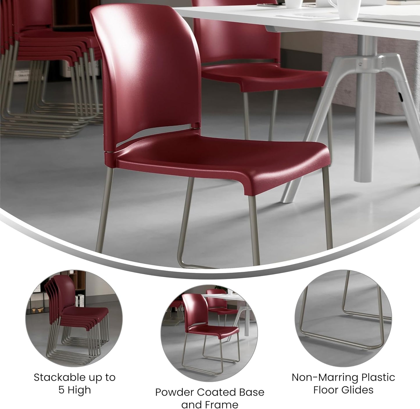 Flash Furniture HERCULES Series 880 lb. Capacity Burgundy Full Back Contoured Stack Chair with Gray Powder Coated Sled Base