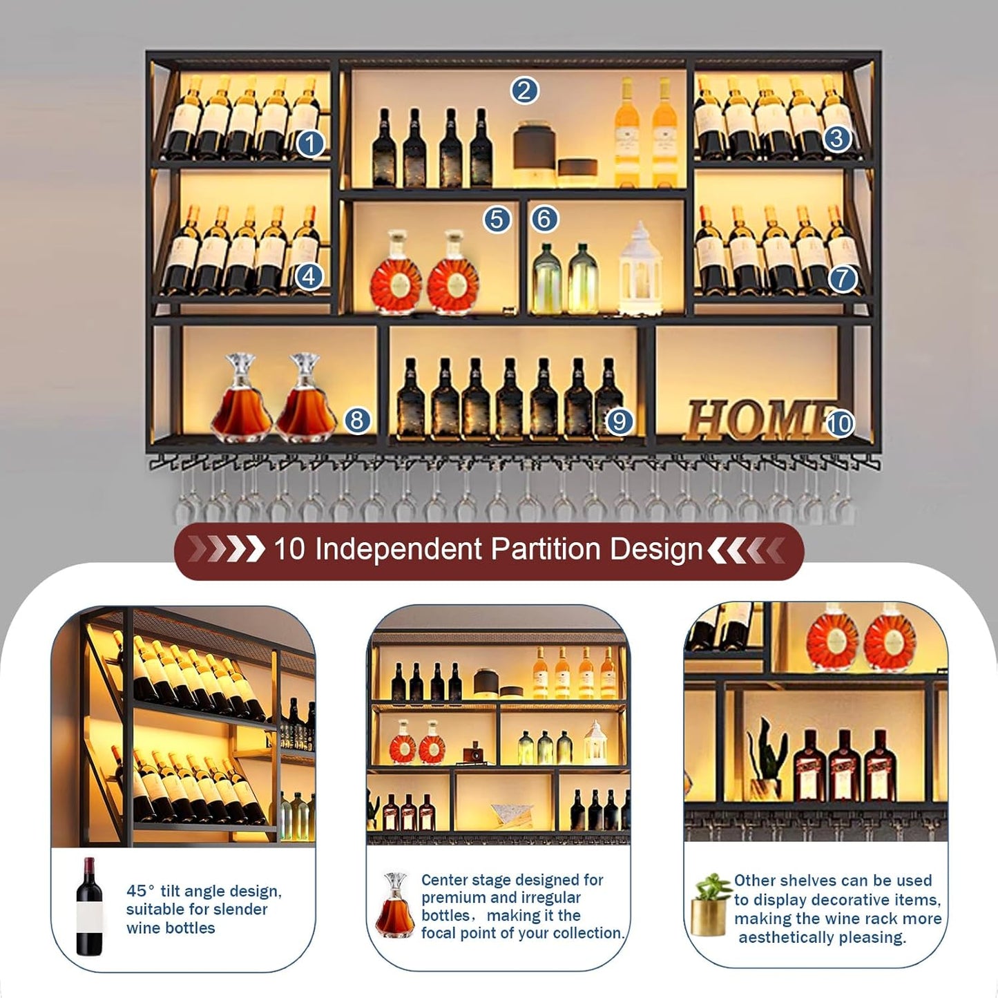 3 Tier Large Wine Rack Wall Mounted with Glass Holder, Black Modern Iron Liquor Shelf, 70.8 Inch Large Wine Bottle Display Shelf, for Kitchen Dining, Home Bar, Cellar (70.8" W)