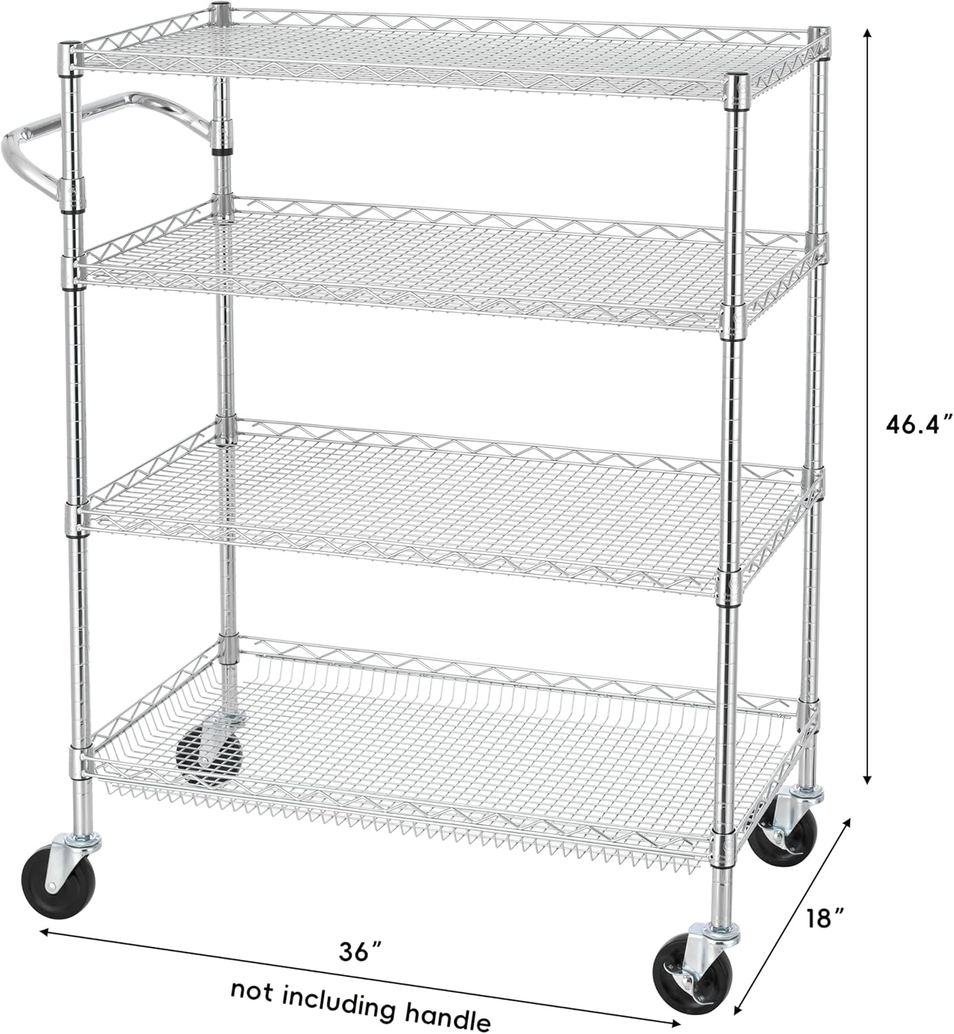 Finnhomy 4 Tier Heavy Duty Commercial Grade Rolling Cart with Handle Bar, Metal Wire Utility Cart with Wheels, Kitchen Service Trolley on Wheels, Shelf Size 18" D x 36" W, NSF, Chrome