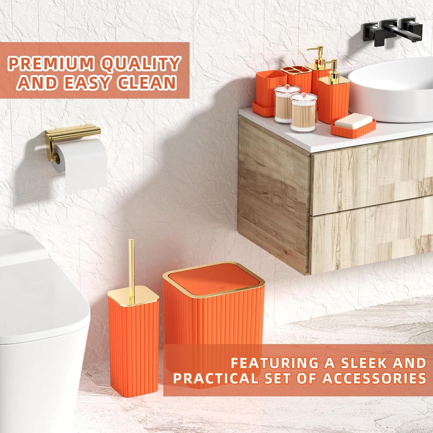 Bathroom Accessories Set - Gorgeous Bathroom Set, 10PC Orange Bathroom Accessory Set, Orange Bathroom Sets, Toilet Brush, Trash Can & Soap Dispenser