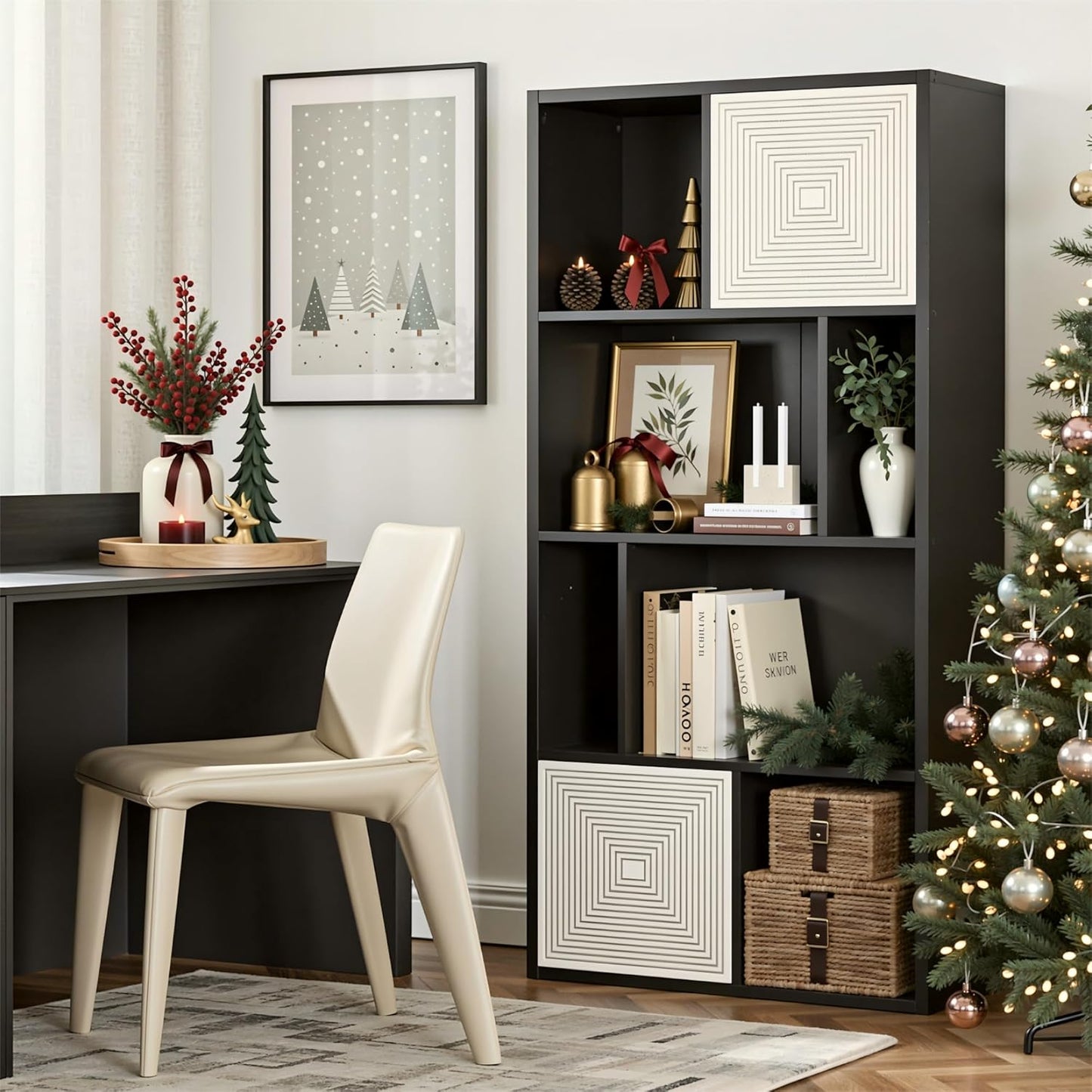 Wooden 8 Cube Storage Organizer, Cubby Storage Organizer with Doors, Multipurpose Cubbies Organizer with Adjustable Shelves, Display Storage Cabinet with Closed Back for Living & Office, Black