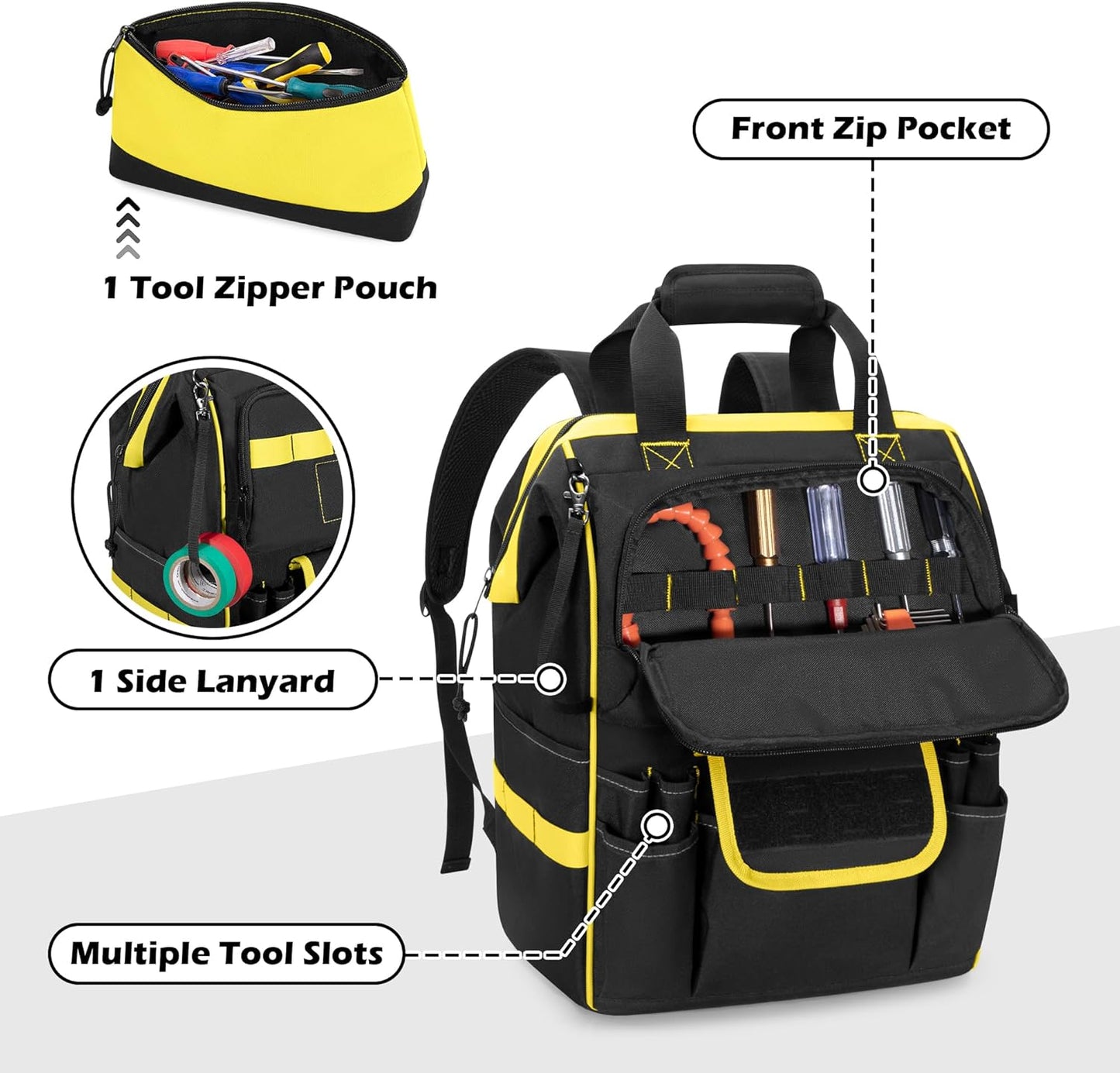 Tool Bag Backpack with Zipper Pouch and Magnetic Attraction Area, Heavy-Duty Tool Storage Organizer Bag, Tactical Work Tool Bag for Electrician, Repairman, HVAC Techs, Black