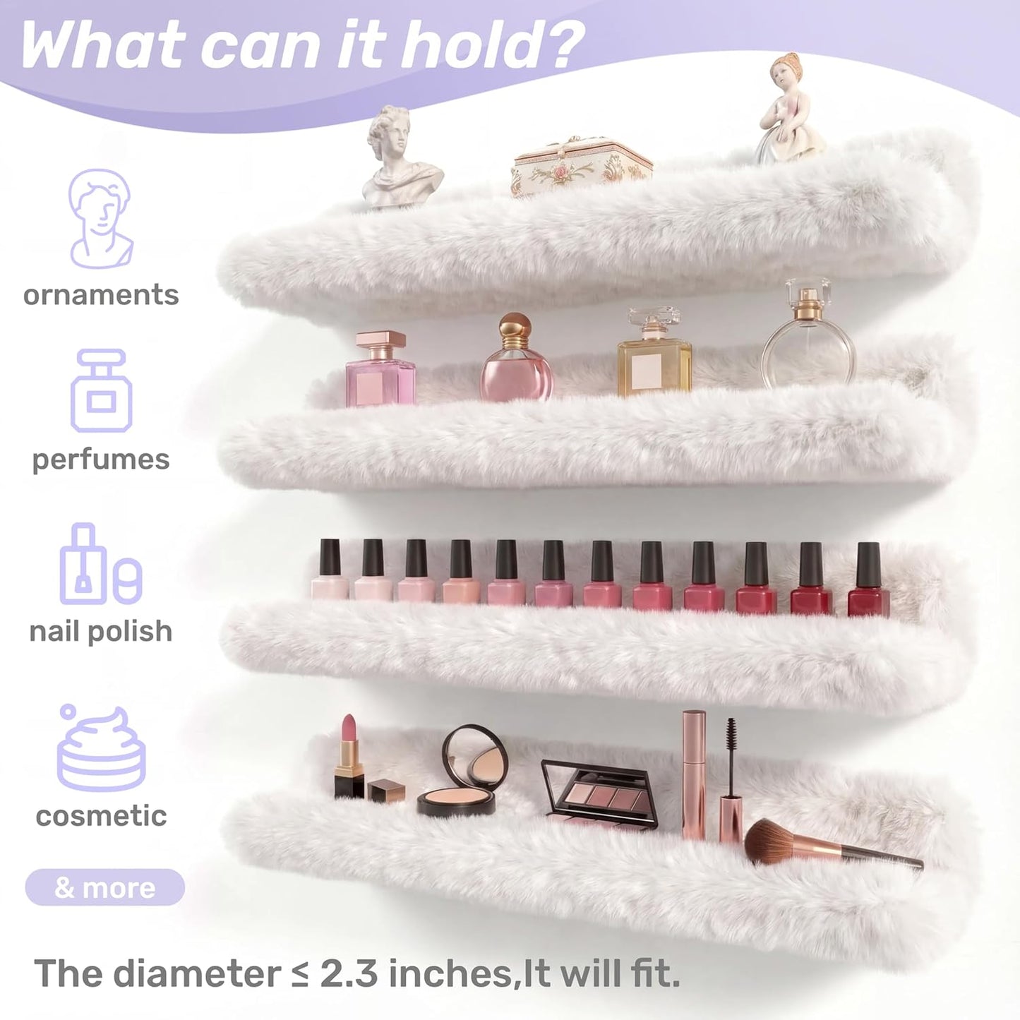 Care&More YJ 15 Inch Nail Polish Shelves, 4-Pack Fluffy Nail Polish Rack for Storing Nail Bottles, Sunglasses, Essential Oils, Plush Soft White