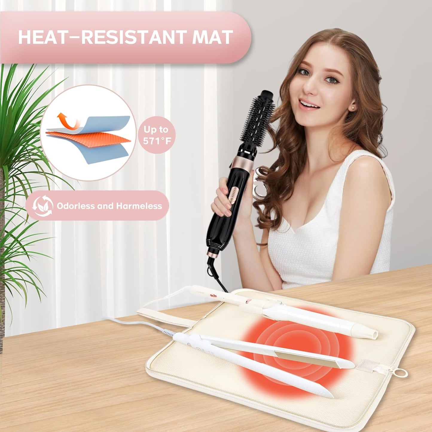 Hot Tools Organizer Heat Resistant Mat Case Hair Tools Holder Travel Bag Portable Hair Styling Tools Cover Pouch for Curling Iron,Flat Iron,Hair Straightener (Beige)