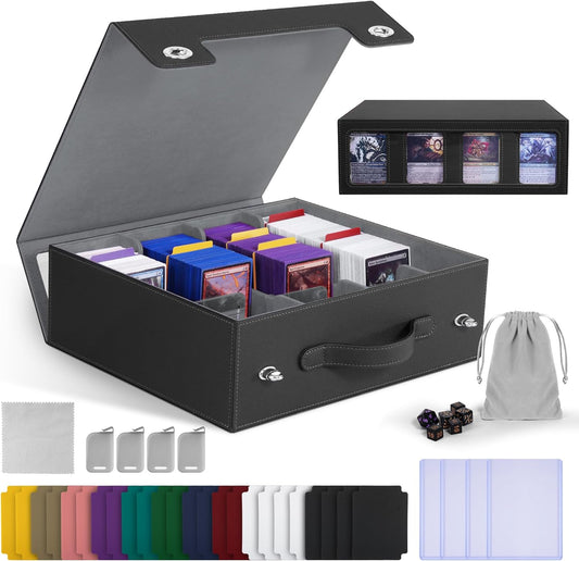 Trading Card Storage Box with Portable Handle, 3000+ MTG Storage Box with 4 Card Stoppers Commander Display Deck Box Card Case Top Loaders MTG TCG Sports Cards Commander Deck Box(Black&gray)