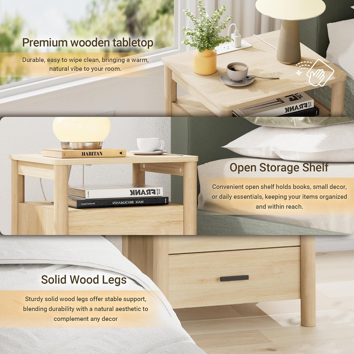 Night Stand Set of 2 with Charging Station, 20" Large Modern Side Table with Solid Round Post Legs, 2 Drawers End Table with Open Shelf, Nightstand for Bedroom, Natural Oak
