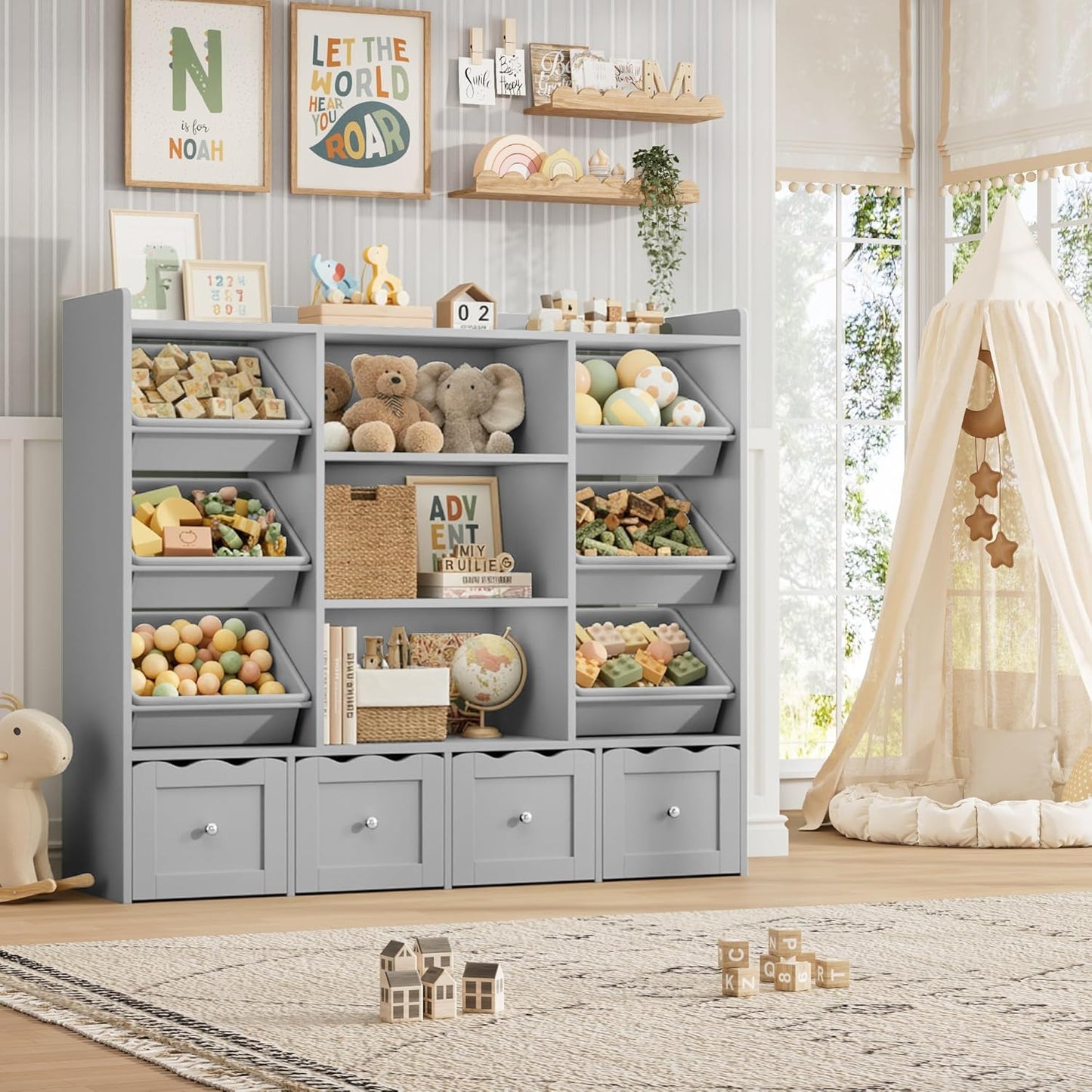 HITHOS 55" W Kids Toy Storage Organizer, Large Toy Box with Bookshelf, Toy Chest with 3 Cubes Storage Organizer, 6 Toy Organizers and Storage Bins, 4 Rolling Drawers for Kids Room, Playroom, Gray
