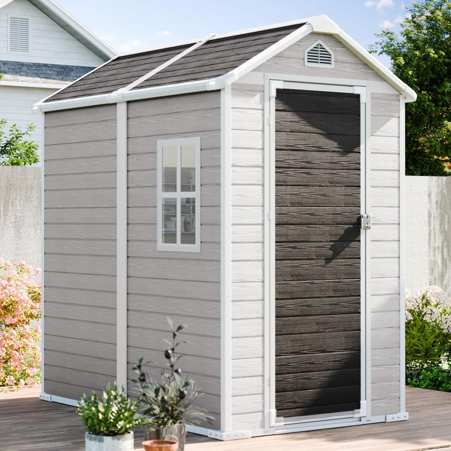 6x4 FT Outdoor Storage Shed, Waterproof Resin Shed with Floor & Lockable Door & Window & Vents, Plastic Tool Shed for Backyard, Patio, Poolside, All Weather Use,Dove Grey