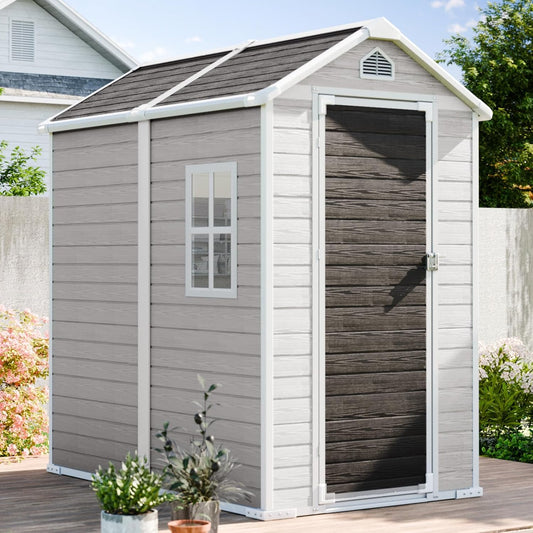 6x4 FT Outdoor Storage Shed, Waterproof Resin Shed with Floor & Lockable Door & Window & Vents, Plastic Tool Shed for Backyard, Patio, Poolside, All Weather Use,Dove Grey