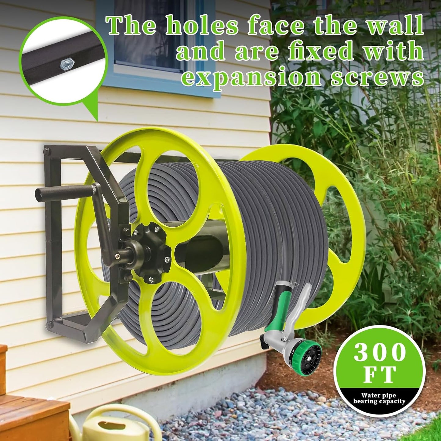Garden Hose Reel Heavy Duty ，for 5/8" Hose Reel with Crank Handle Retractable, Wall/Floor Mount Metal Hose Reel, Holds up to 300-Feet.（Hose not included）