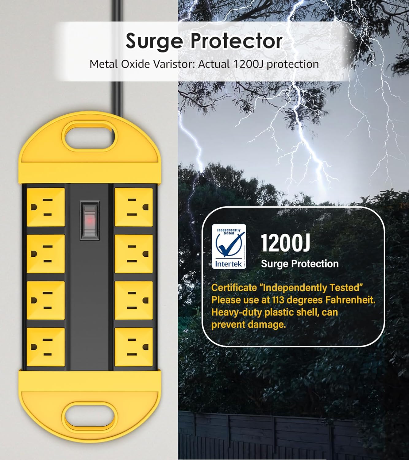 CCCEI GFCI Outdoor Power Strip Weatherproof with 8 AC, Waterproof Extension Cord with Multiple Outlets, Wall Mount Surge Protector Flat Plug, Christmas Exterior Garden, Yard, 25FT, Yellow.