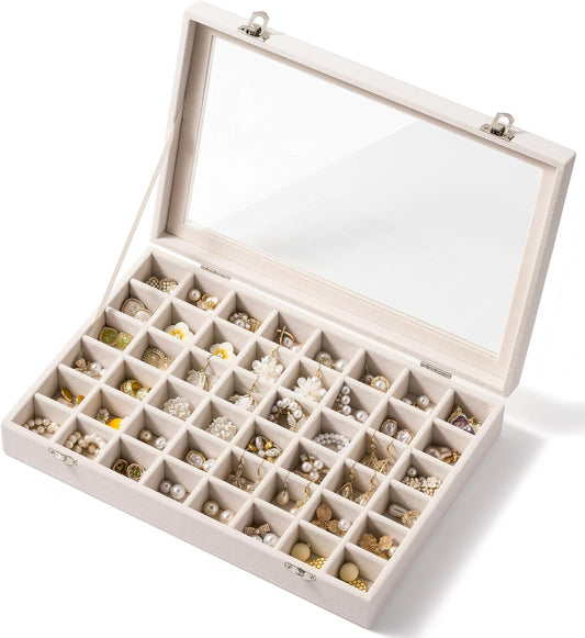 48 Grid Earring Organizer and Storage: Velvet Jewelry Tray with Lid, Jewelry Box for Studs, Earrings, Rings, Necklaces, Dresser & Vanity, Earrings Case for Girls, Women, Beige