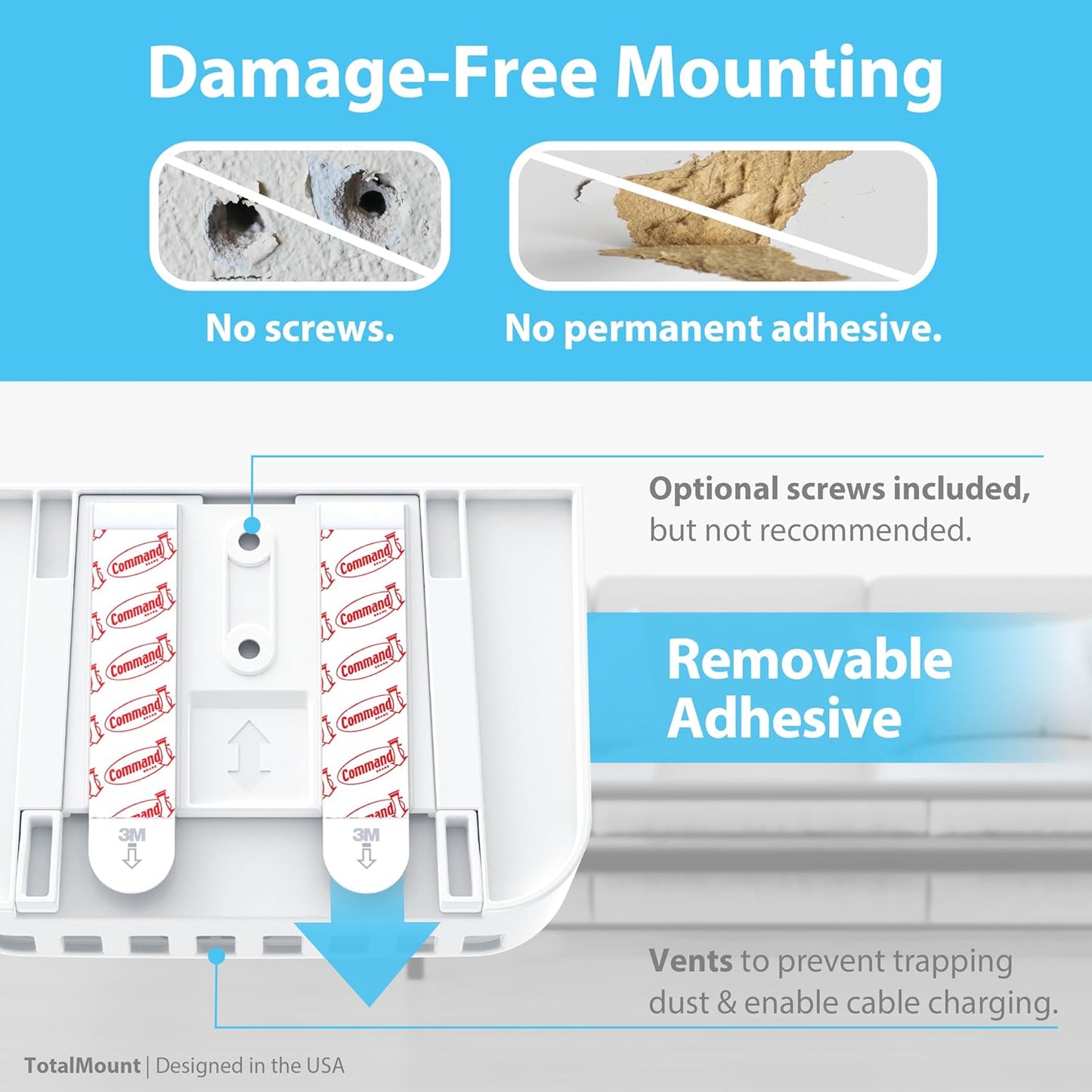 TotalMount Hole-Free Remote Holder – Eliminates Need to Drill Holes in Your Wall (Premium White Holder for 2 or 3 Remotes)