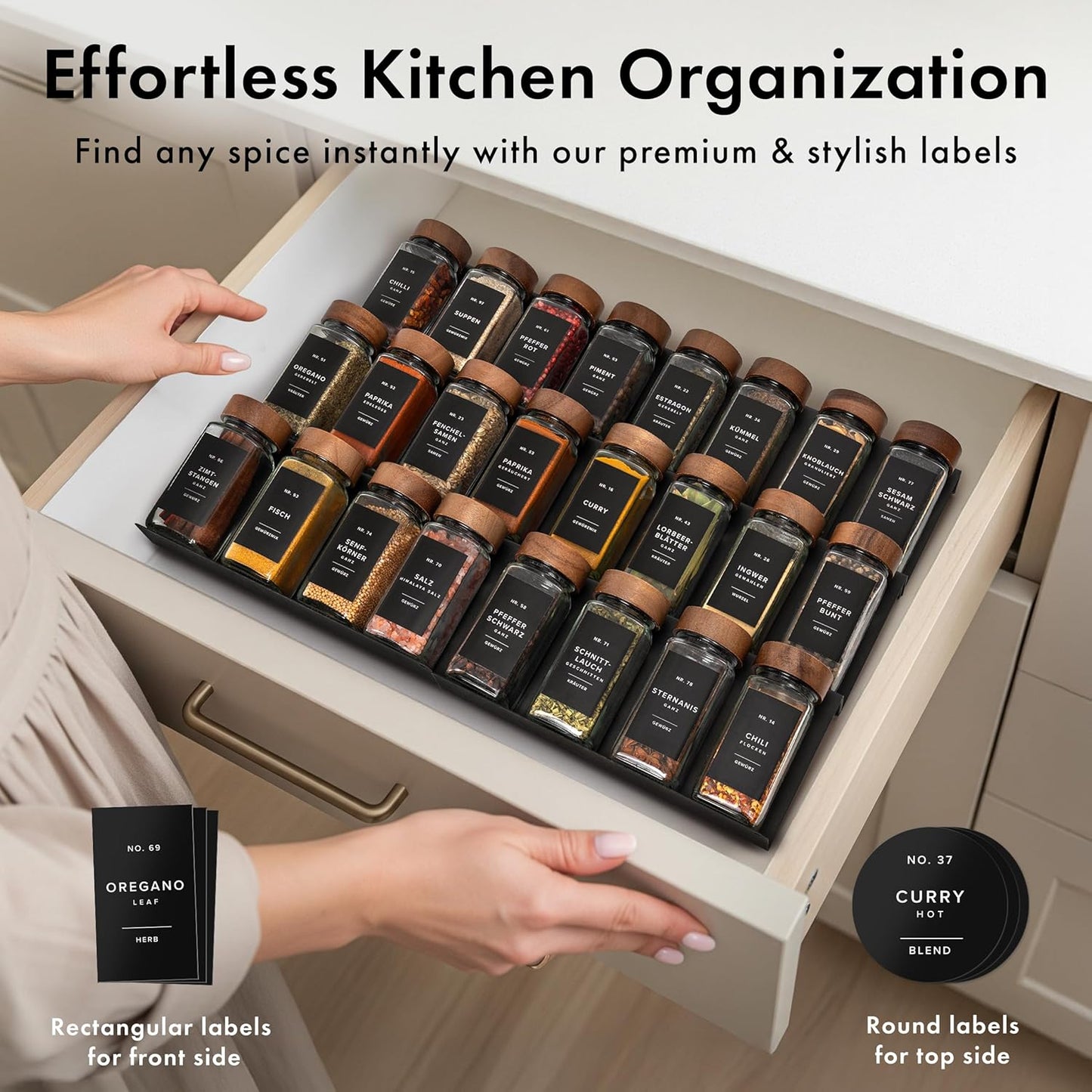 EDELHAUS® Square Spice Jars with Acacia Wooden Lid (Pack of 24) Spice Jars with Shaker Insert and 240 Labels - Acacia Lid Glass Container for Spice Organisation [4.3 in × 1.8 in]