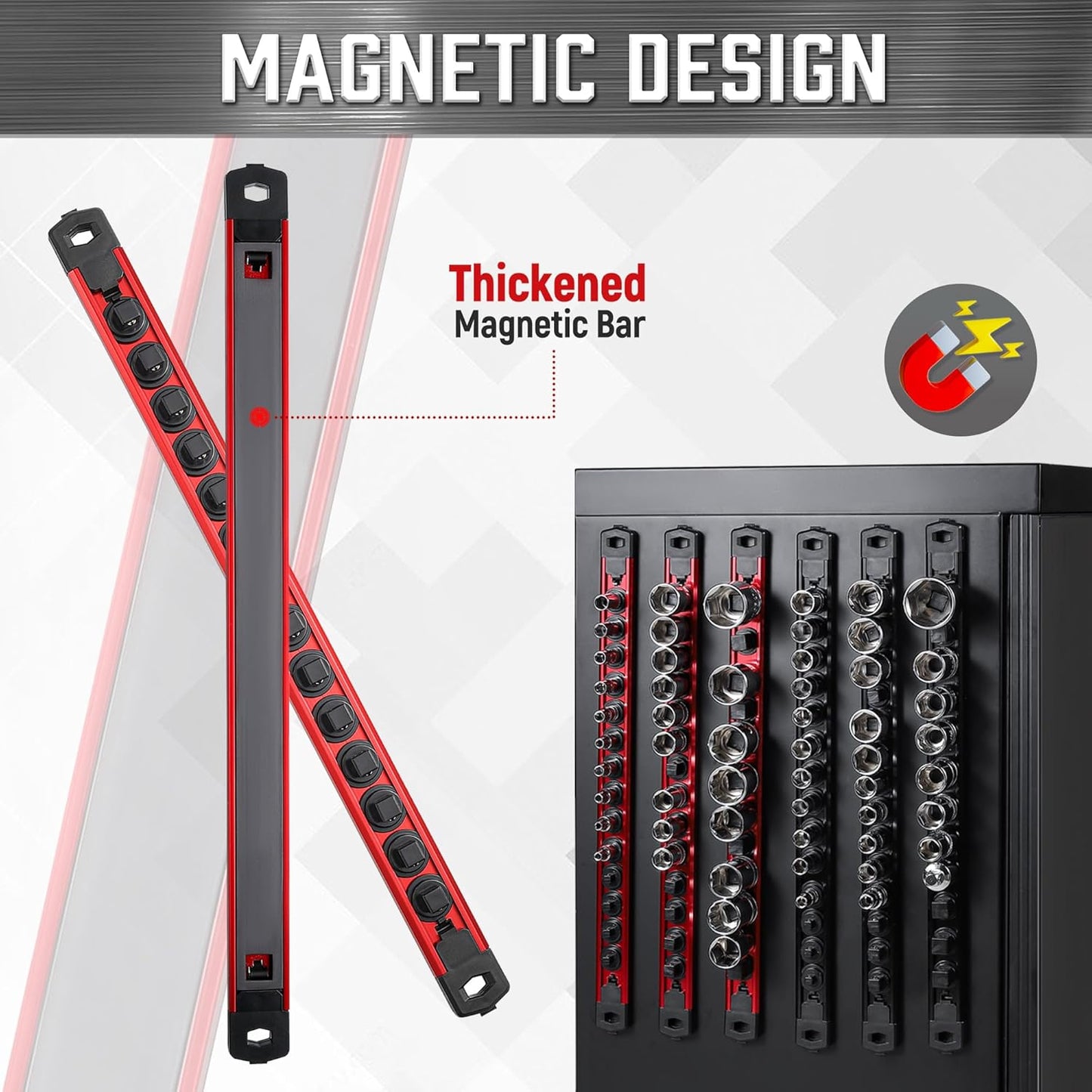 ALOANES 3-Piece Magnetic Socket Organizer, Heavy Duty Aluminum Socket Rails Organizer, 360° Swivel Clips Socket Holder Kit for Tool Box, 1/2-Inch Socket Holder x 36 Clips (Red)