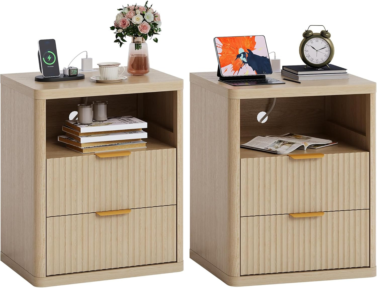 Fluted Nightstand Set of 2 with Charging Station, Bedside Table with 2 Drawers and Open Storage Space, Metal Handles and Rounded Corners for Safety, Mid Century Modern End Table, Bedroom, Living Room