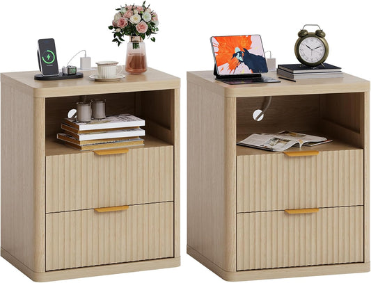 Fluted Nightstand Set of 2 with Charging Station, Bedside Table with 2 Drawers and Open Storage Space, Metal Handles and Rounded Corners for Safety, Mid Century Modern End Table, Bedroom, Living Room