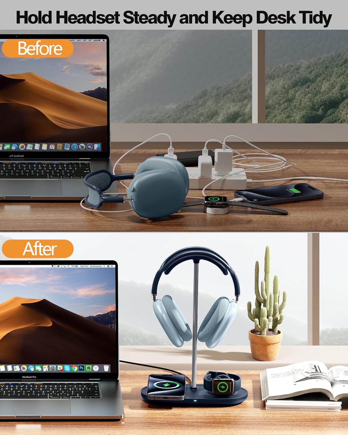 HiWe 3-in-1 Headphone Stand - Universal Desktop Gaming Headset Holder with Wireless Charger for Phones/AirPods/iWatch, Aluminum Alloy Rod, Leather Pad, ABS Solid Base, Blue