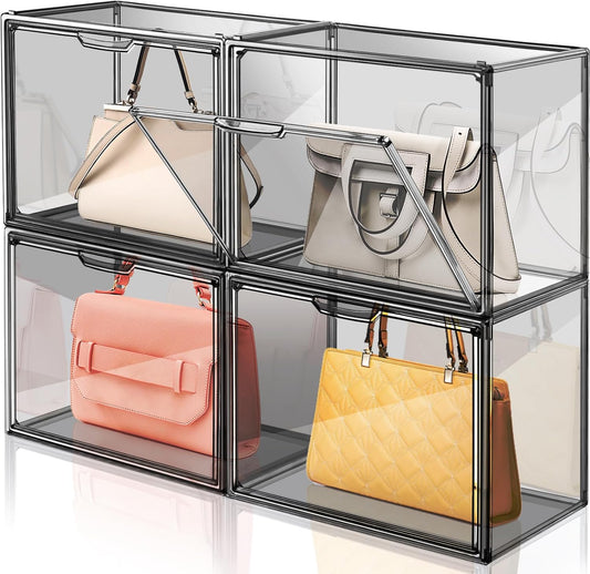 4 Pack Handbag Storage Organizer for Closet, ULENDIS Transparent Gray Acrylic Display Case for Handbag Purse, Stackable Storage Organizer with Magnetic Door for Wallet Book Cosmetic Toys Display