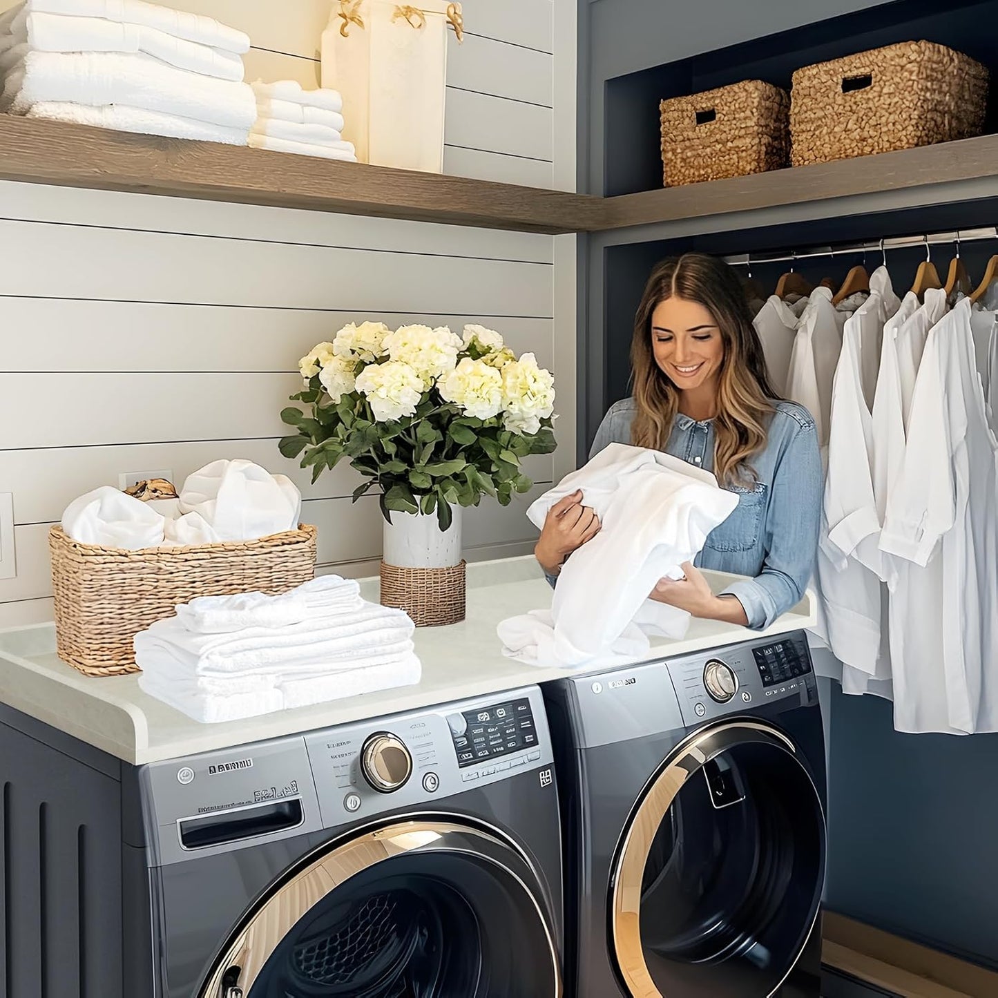 Kaboon Washer Dryer Countertop, Melamine Countertop with Edge Rails - 27.5" Depth x 54" Width Laundry Room Organization, Sea Salt/Greylish White