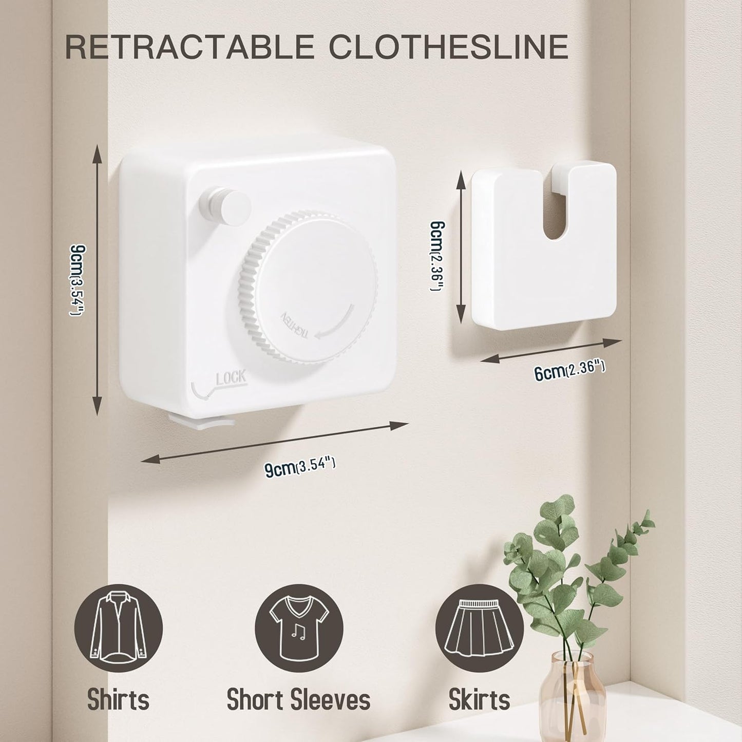 Retractable Clothesline Indoor Outdoor,Clothes Line Retracting Indoor, Retractable Clothes Line Wall Mounted Drying Rack Clothing Line, Laundry Line with Stainless Steel Line-15.1 Feets(White)