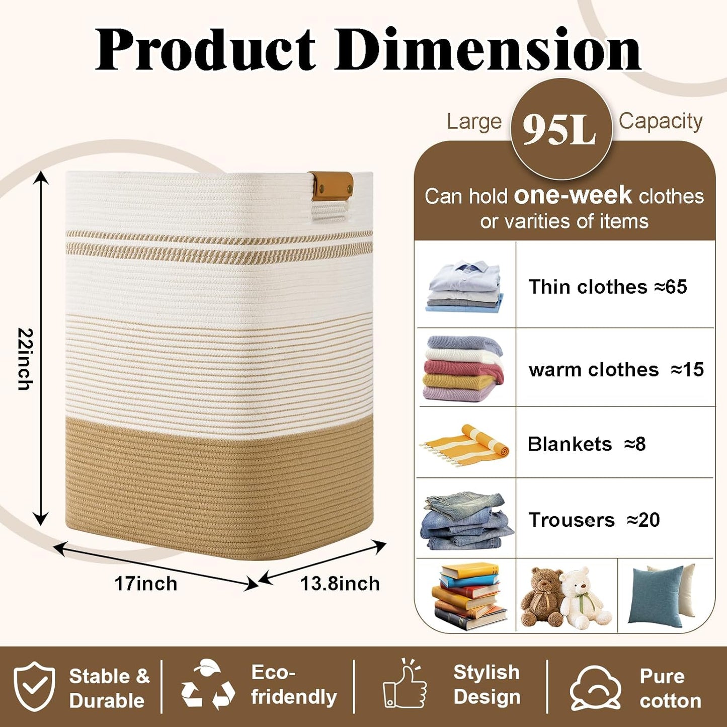 Laundry Hamper, 95L Tall Laundry Basket with Leather Handles, Rectangle Large Clothes Hamper for Organizing, Cotton Woven Laundry Baskets Storage Hampers for Bedroom, Nursery, Living Room