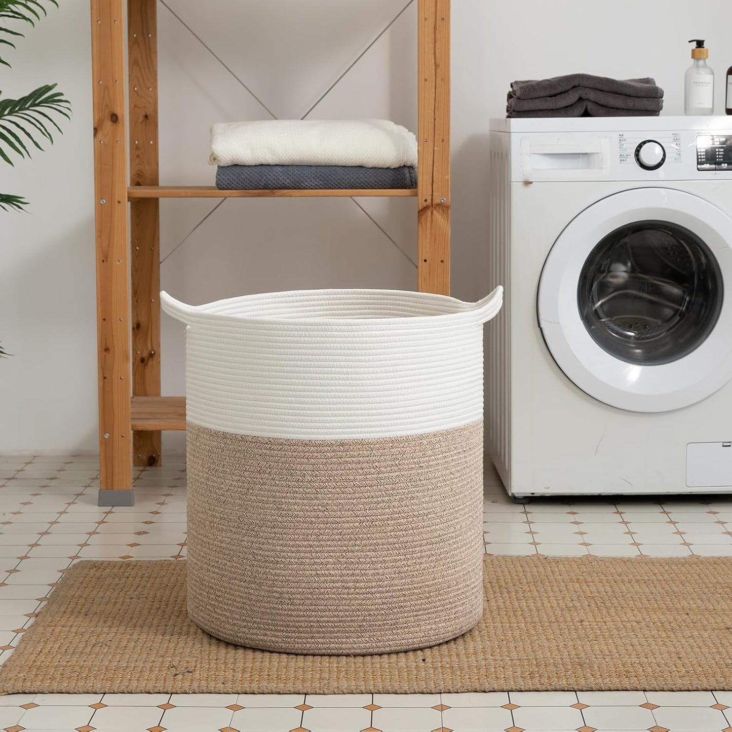 Laundry Basket, 100L Large Laundry Hamper, Tall Woven Rope Storage Basket for Blanket Toys Pillows Towels, Baby Nursery Hamper Bin for Living Room, Bedroom (Brown & White)