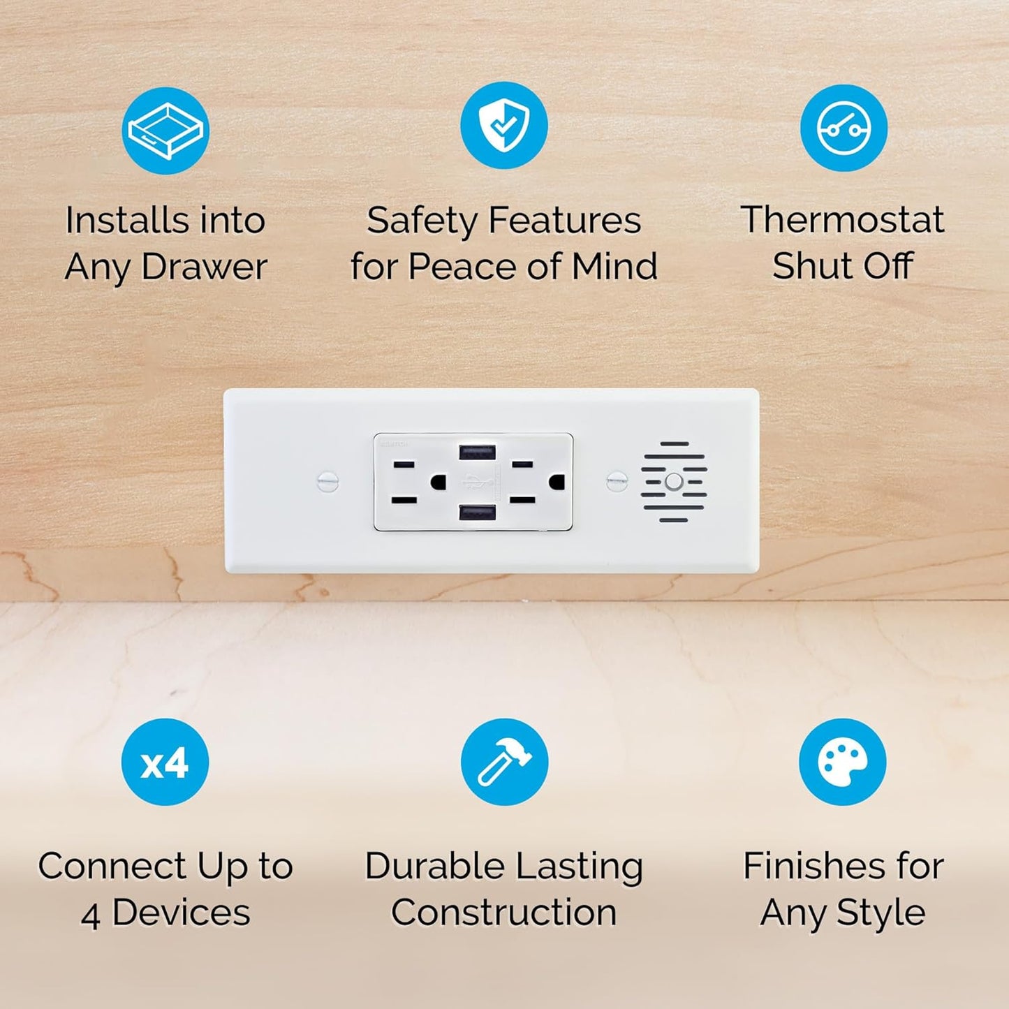 Docking Drawer Blade in-Drawer Outlet, Integrated Safety Shutoff, (2) USB-A & (2) 15 amp AC, Stainless Steel