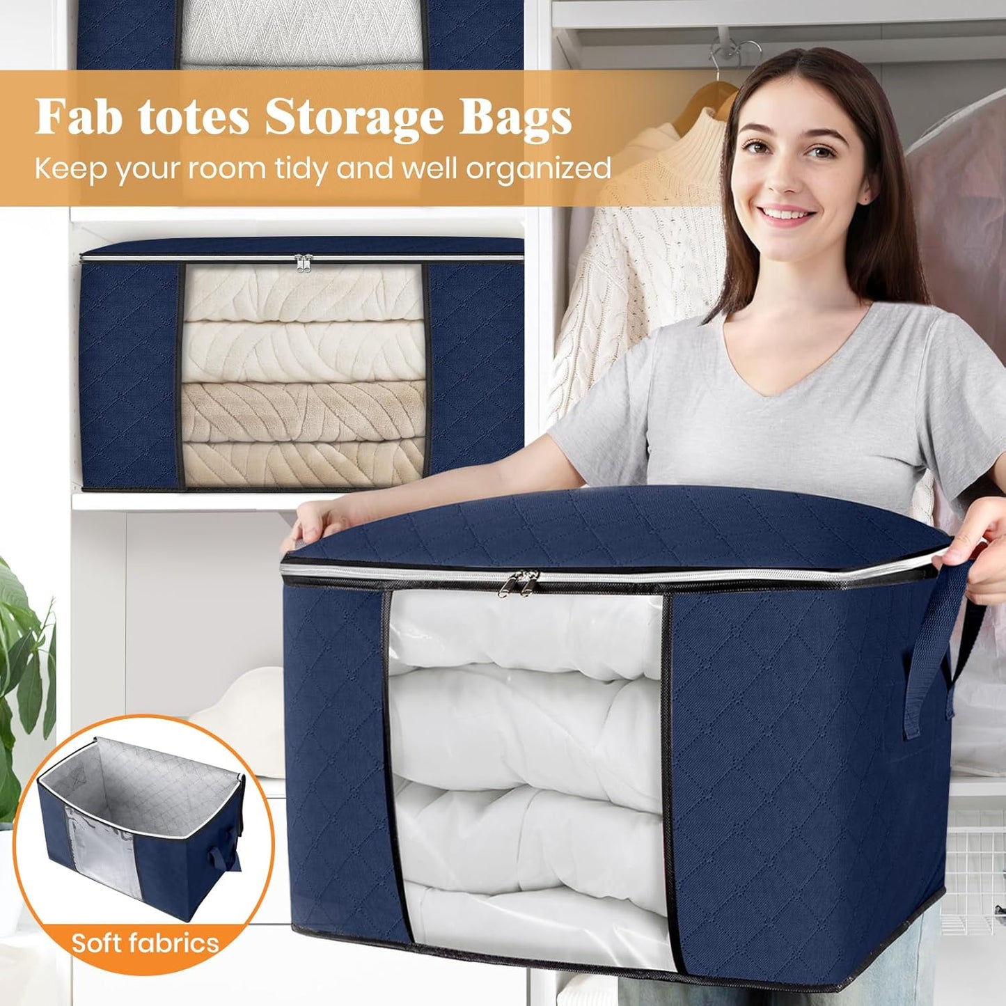 Fab totes 24 Gallons Clothes Storage, Foldable Thick Fabric Blanket Storage Bags, Containers for Organizing Bedroom, Closet, Clothing, Comforter, Organization with Handle (4 Pack,Blue)