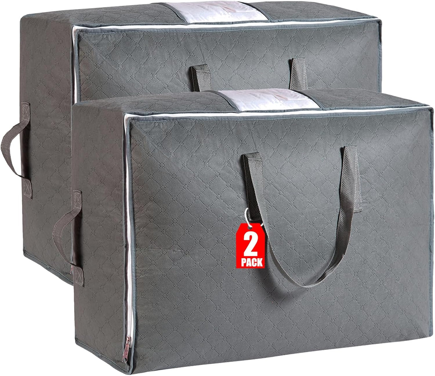 105L Extra Large Storage Bags for Blankets, King Comforters, Bedding, Clothes, Pillows, Sheets - Closet Organizers and Storage with 4 Handles & Clear Window, Foldable & Breathable (Grey, 2pack)