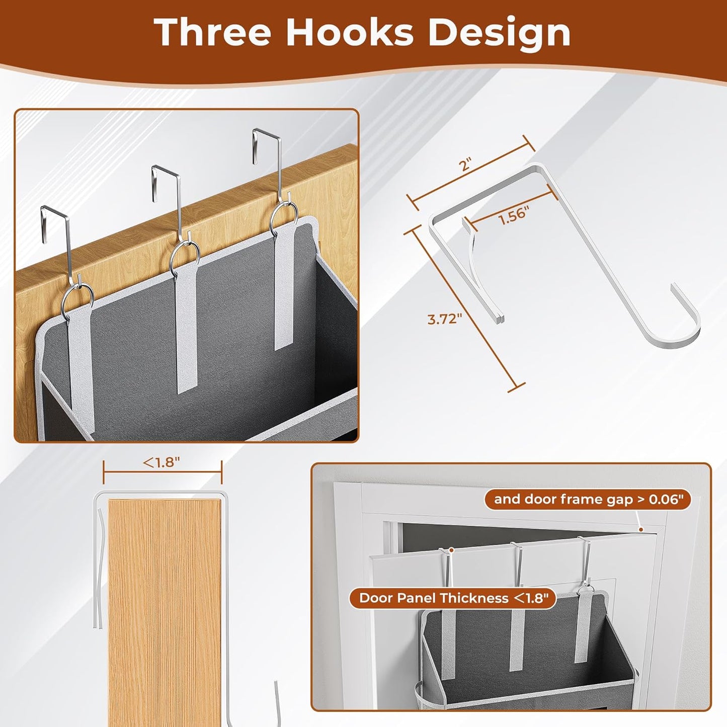 3 Packs 5-Tier Over the Door Storage Organizer with 10 Side Mesh Pockets, 48 lbs Load Capacity, 3 Hooks Design, Hanging Organizer with Clear Windows for Bathroom, Bedroom, Nursery, Kitchen-Grey