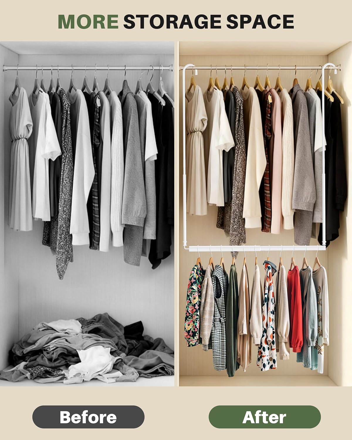 Hanging Closet Rod, Adjustable Height & Width Closet Rods for Hanging Clothes-Closet Extender Hanging Rod Space-Maximizing Design Suitable for Hanging and Drying Clothes, White
