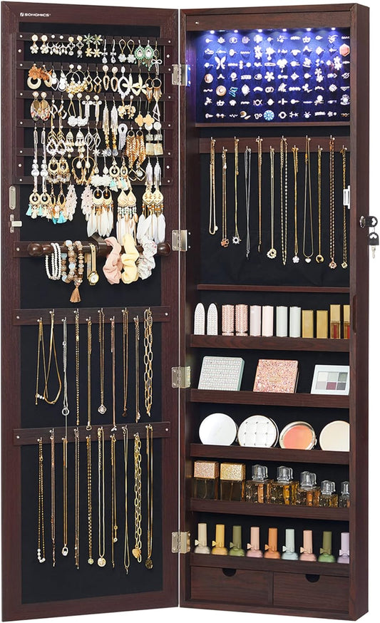 SONGMICS 6 LEDs Mirror Jewelry Cabinet, 47.2-Inch Tall Lockable Wall or Door Mounted Jewelry Armoire Organizer with Mirror, 2 Drawers, Christmas Gift, 3.9 x 14.6 x 47.2 Inches, Brown
