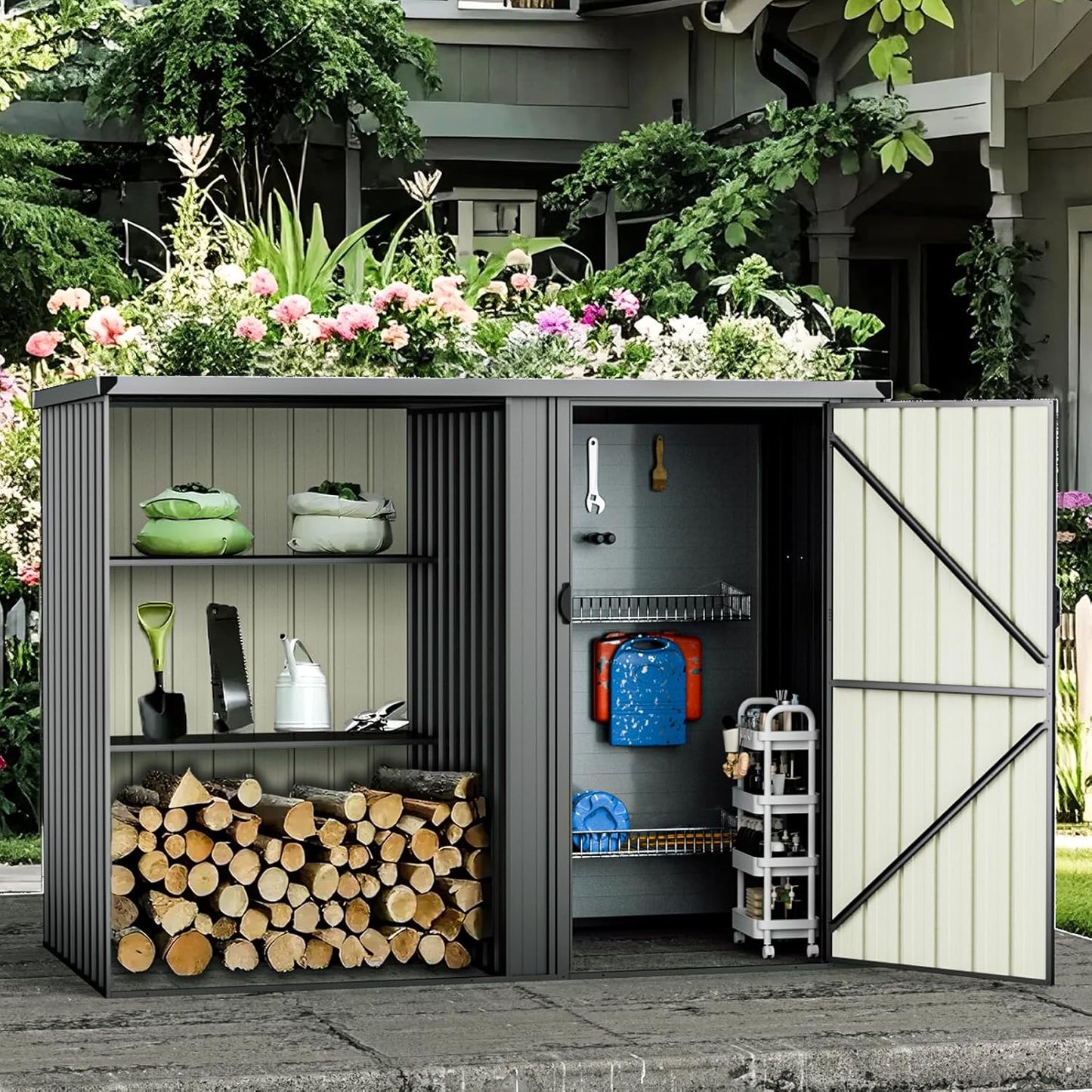 2 in 1 Metal Outdoor Storage Shed with Firewood Rack, 8×4 FT Lockable Waterproof Garden Tool Shed with Shelves, Open & Enclosed Dual-Storage Backyard Patio Shed with Sloped Roof (No Floor)