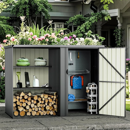 2 in 1 Metal Outdoor Storage Shed with Firewood Rack, 8×4 FT Lockable Waterproof Garden Tool Shed with Shelves, Open & Enclosed Dual-Storage Backyard Patio Shed with Sloped Roof (No Floor)