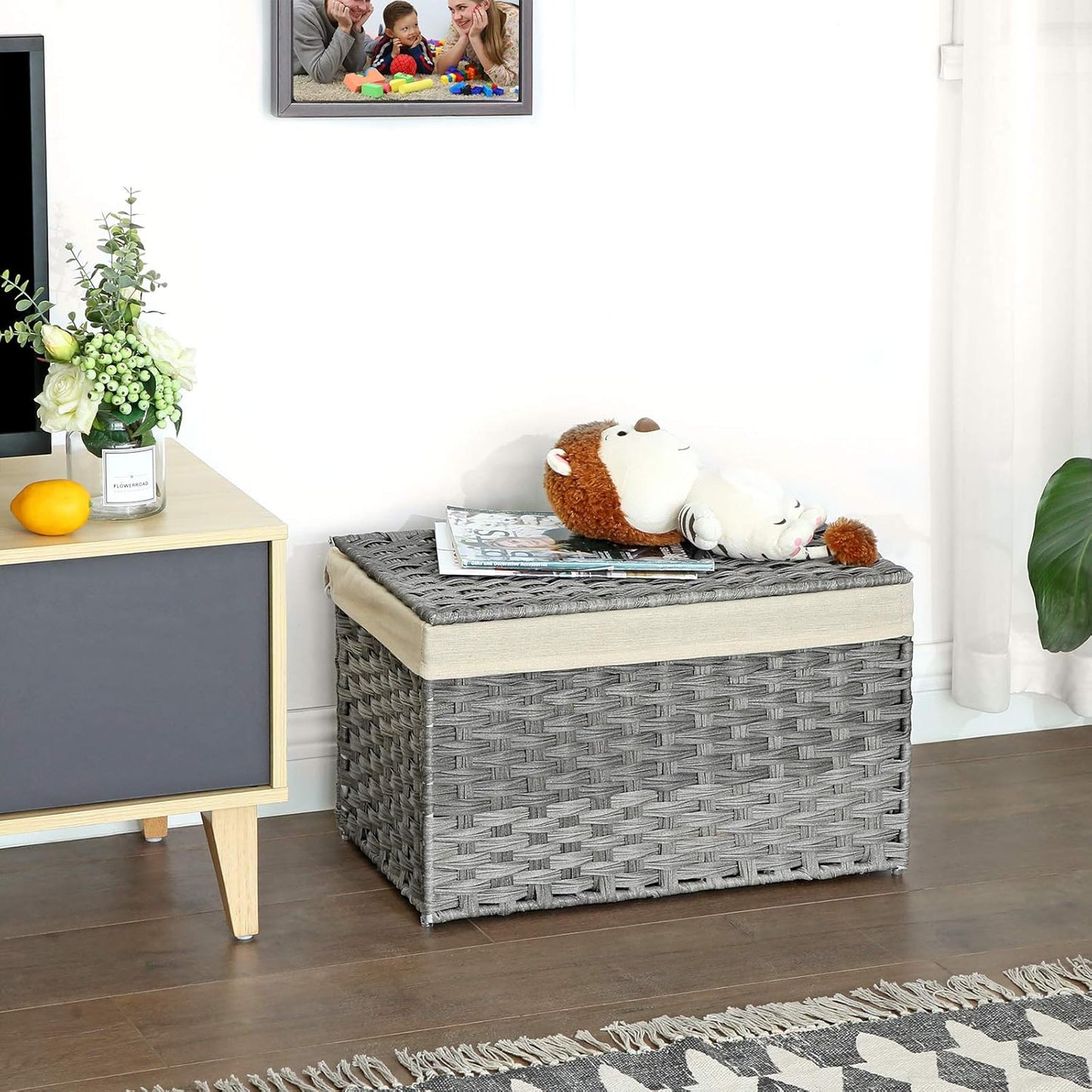 SONGMICS Storage Basket with Lid, Woven Blanket Storage Bin with Handles, Foldable, Removable Liner, Metal Frame, for Bedroom, Laundry Room, 17.2 Gallons (65 L), Gray URST56WG